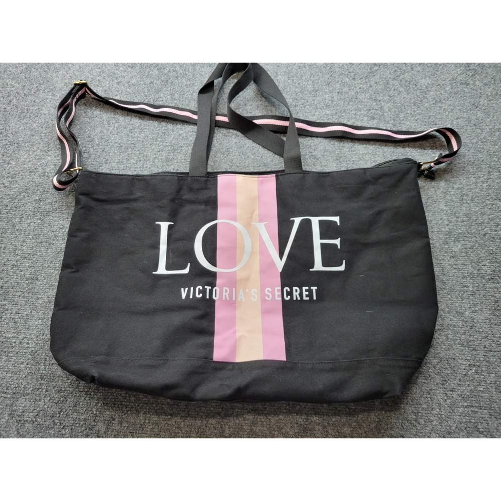 Victoria's Secret LOVE Black Canvas Tote Bag Crossbody Strap Pink Stripe Large